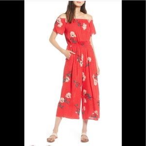 Nordstrom Love, Fire floral and polka dot off the shoulder jumpsuit